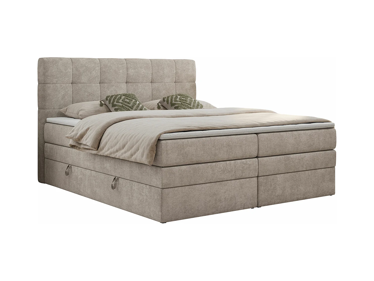 Boxspringbett LUKA KING, mit gestepptem Kopfteil, zwei Bettkästen, Multipocket-Matratze und Topper - 120x200 cm - H3 - Beige Strukture