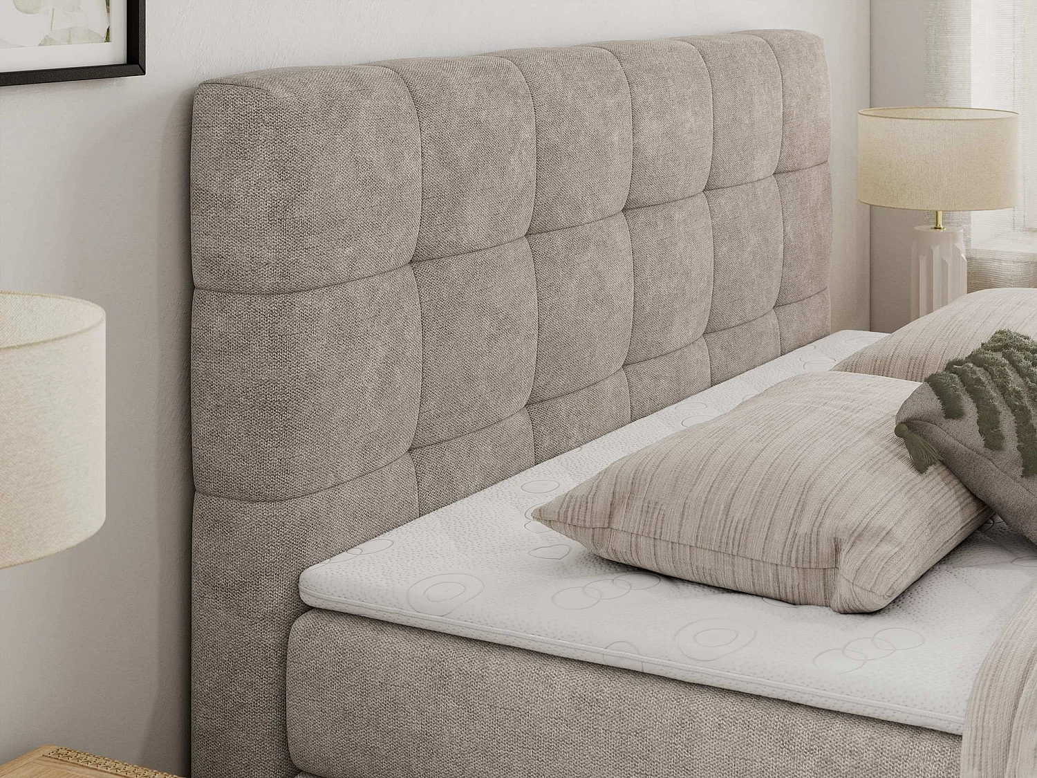 Boxspringbett LUKA KING, mit gestepptem Kopfteil, zwei Bettkästen, Multipocket-Matratze und Topper - 120x200 cm - H3 - Beige Strukture