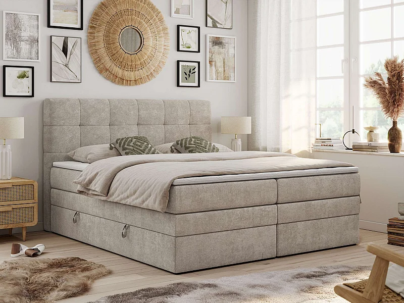 Boxspringbett LUKA KING, mit gestepptem Kopfteil, zwei Bettkästen, Multipocket-Matratze und Topper - 120x200 cm - H3 - Beige Strukture