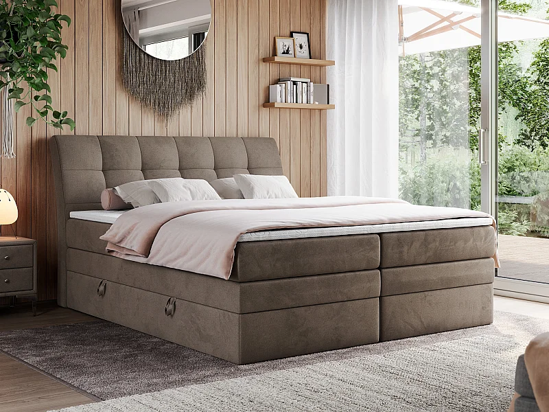 Boxspringbett GOLD 10 KING mit genähtes Kopfteil und Stauraum, zwei Multipocket-Matratze - 160x200 cm - H3 - Braun Velvet