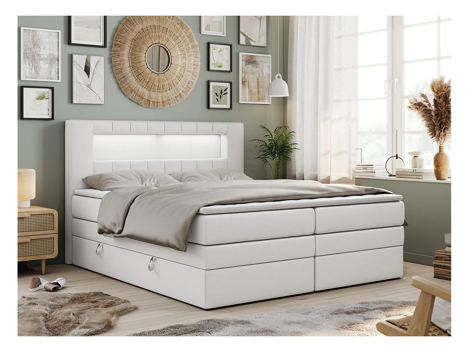 Boxspringbett GOLD 5 KING mit Stauraum, zwei Bettkästen, LED-Beleuchtung, Multipocket-Matratze - 140x200 cm - H3 - Weiß Kunstleder