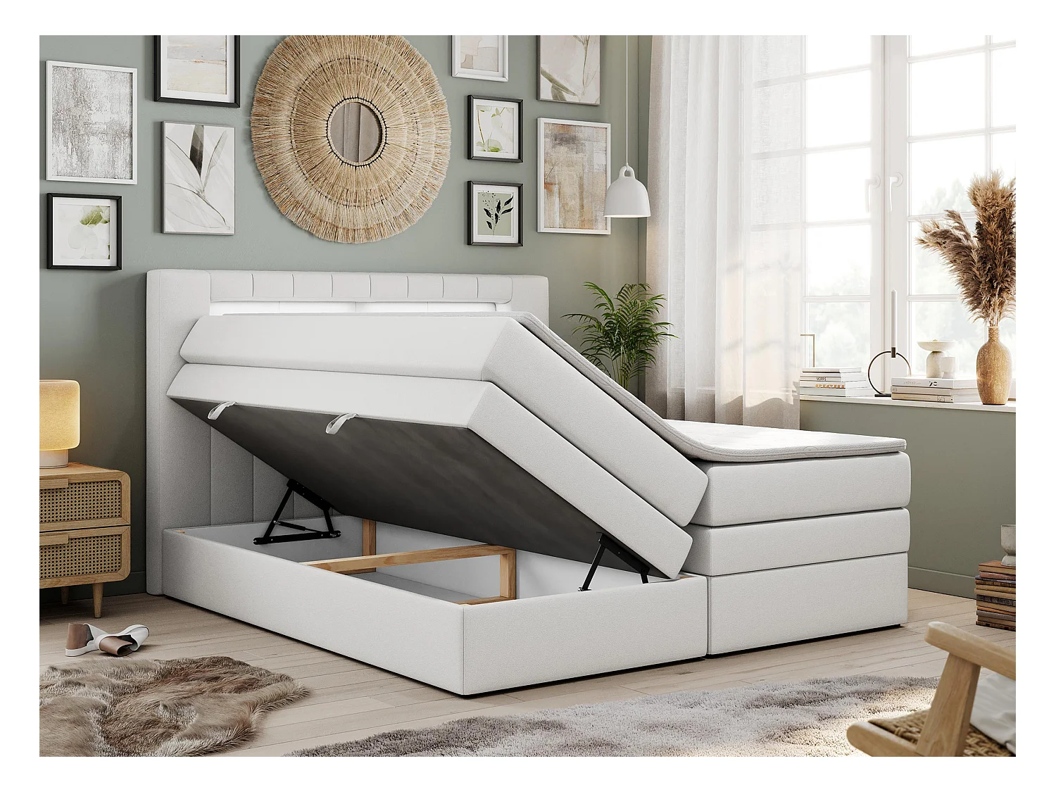 Boxspringbett GOLD 5 KING mit Stauraum, zwei Bettkästen, LED-Beleuchtung, Multipocket-Matratze - 140x200 cm - H3 - Weiß Kunstleder