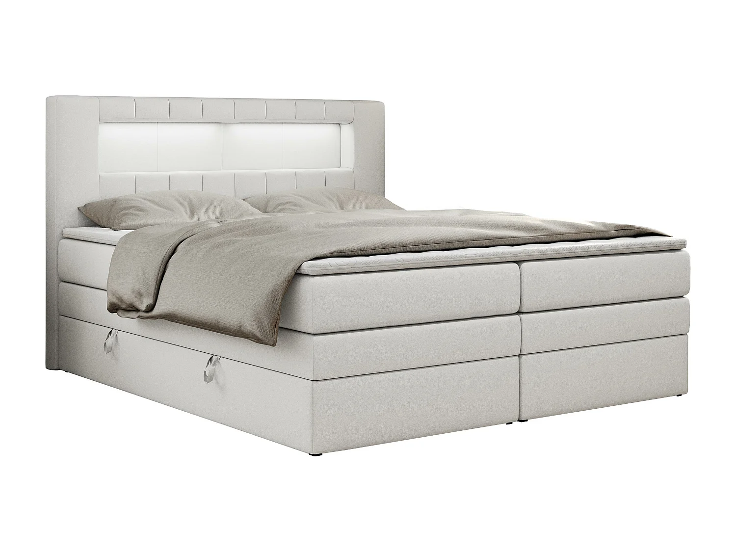 Boxspringbett GOLD 5 KING mit Stauraum, zwei Bettkästen, LED-Beleuchtung, Multipocket-Matratze - 140x200 cm - H3 - Weiß Kunstleder