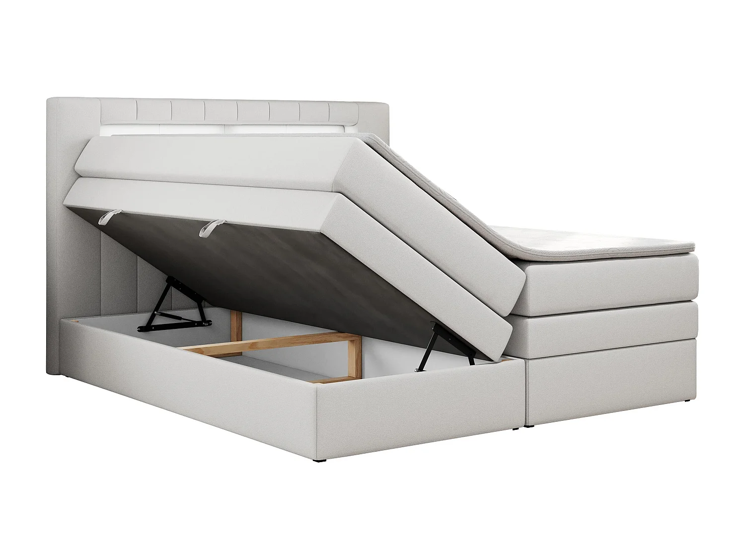 Boxspringbett GOLD 5 KING mit Stauraum, zwei Bettkästen, LED-Beleuchtung, Multipocket-Matratze - 140x200 cm - H3 - Weiß Kunstleder