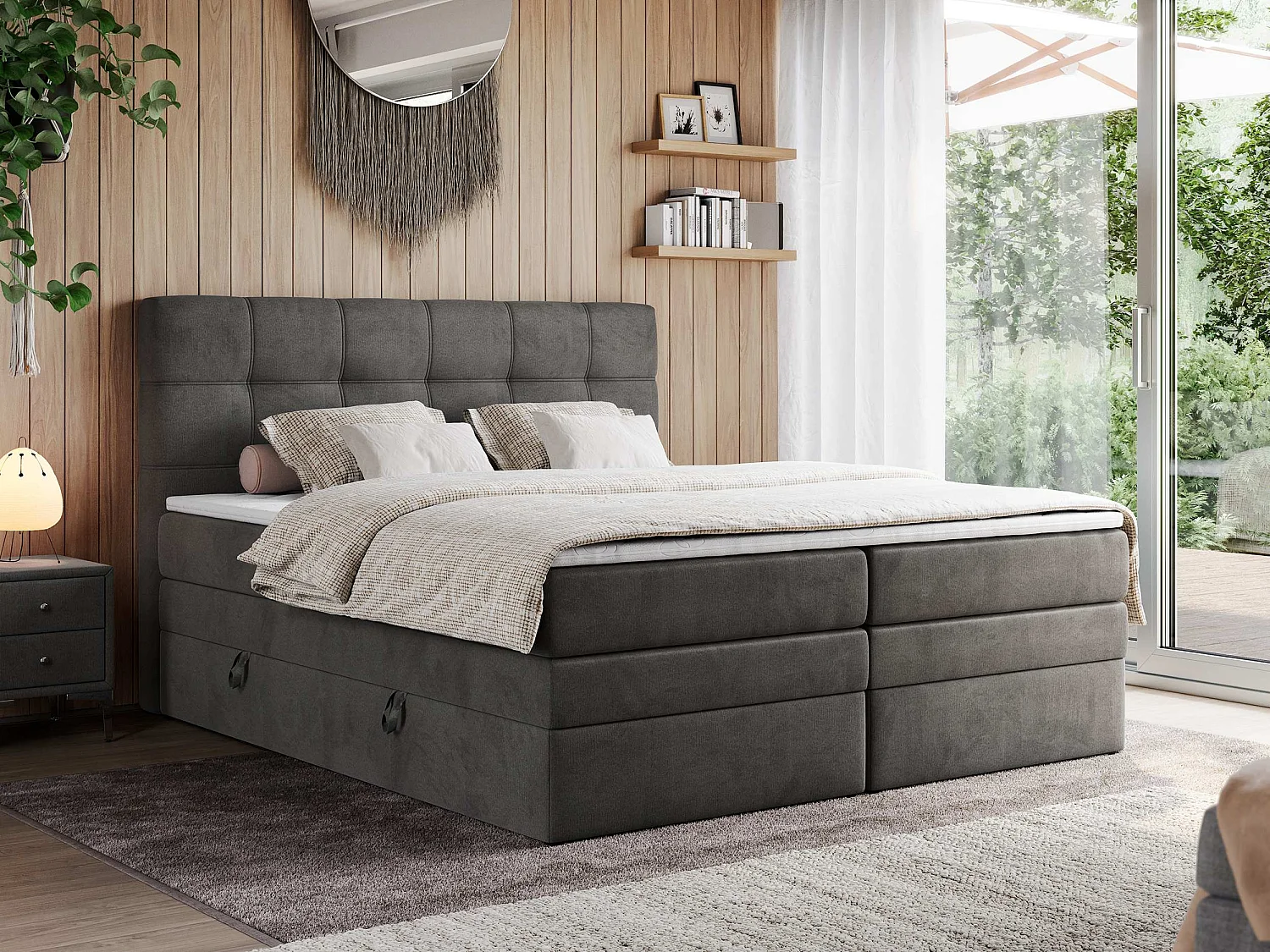 Boxspringbett ERNI KING, gestepptes Kopfteil, zwei Multipocket-Matratze und Topper, mit Stauraum - 120x200 cm - H4 - Dunkelgrau Velvet