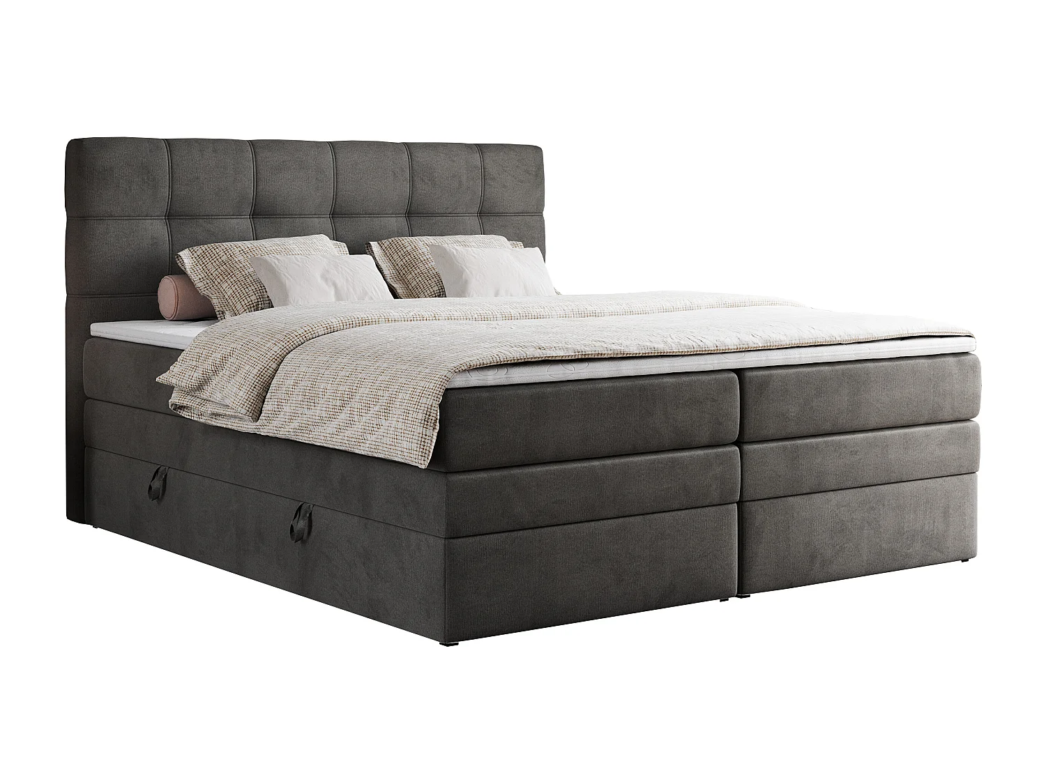 Boxspringbett ERNI KING, gestepptes Kopfteil, zwei Multipocket-Matratze und Topper, mit Stauraum - 120x200 cm - H4 - Dunkelgrau Velvet