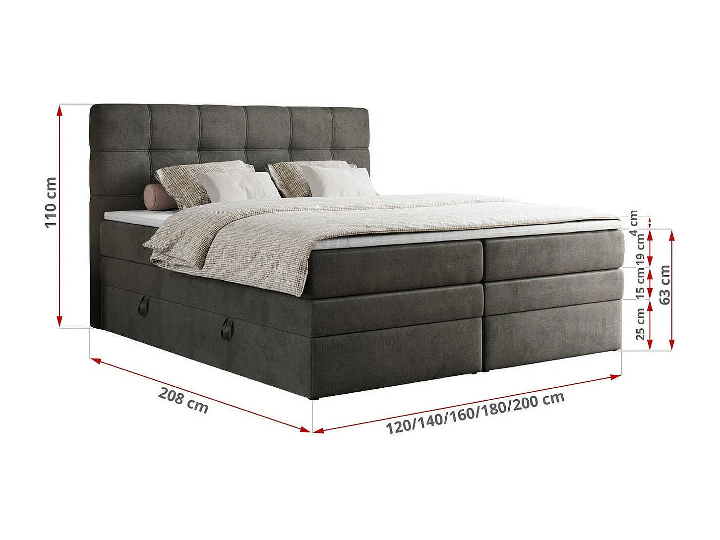 Boxspringbett ERNI KING, gestepptes Kopfteil, zwei Multipocket-Matratze und Topper, mit Stauraum - 120x200 cm - H4 - Dunkelgrau Velvet