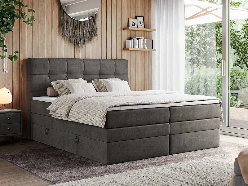 Boxspringbett ERNI KING, gestepptes Kopfteil, zwei Multipocket-Matratze und Topper, mit Stauraum - 120x200 cm - H4 - Dunkelgrau Velvet