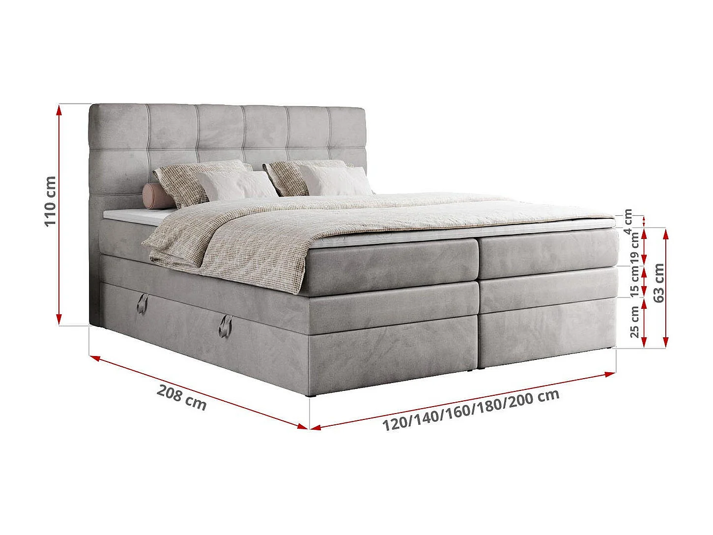 Boxspringbett ERNI KING, gestepptes Kopfteil, zwei Multipocket-Matratze und Topper, mit Stauraum - 180x200 cm - H3 - Hellgrau Velvet