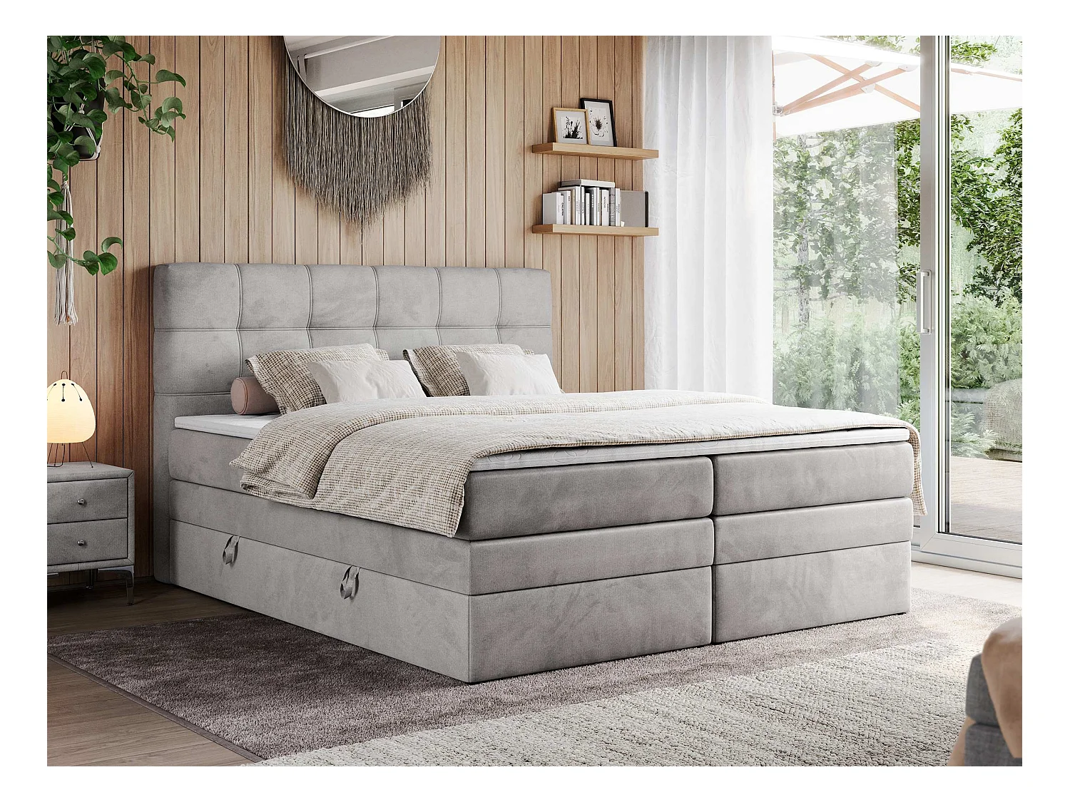 Boxspringbett ERNI KING, gestepptes Kopfteil, zwei Multipocket-Matratze und Topper, mit Stauraum - 180x200 cm - H3 - Hellgrau Velvet