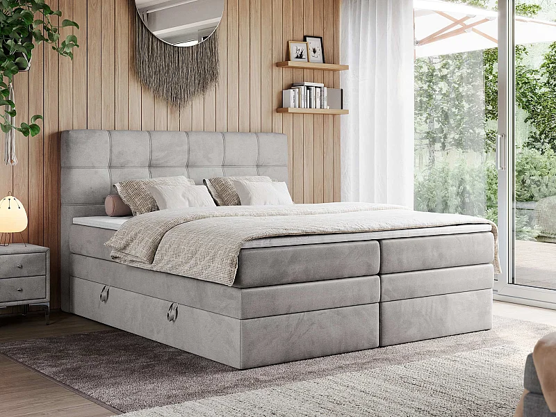 Boxspringbett ERNI KING, gestepptes Kopfteil, zwei Multipocket-Matratze und Topper, mit Stauraum - 180x200 cm - H3 - Hellgrau Velvet