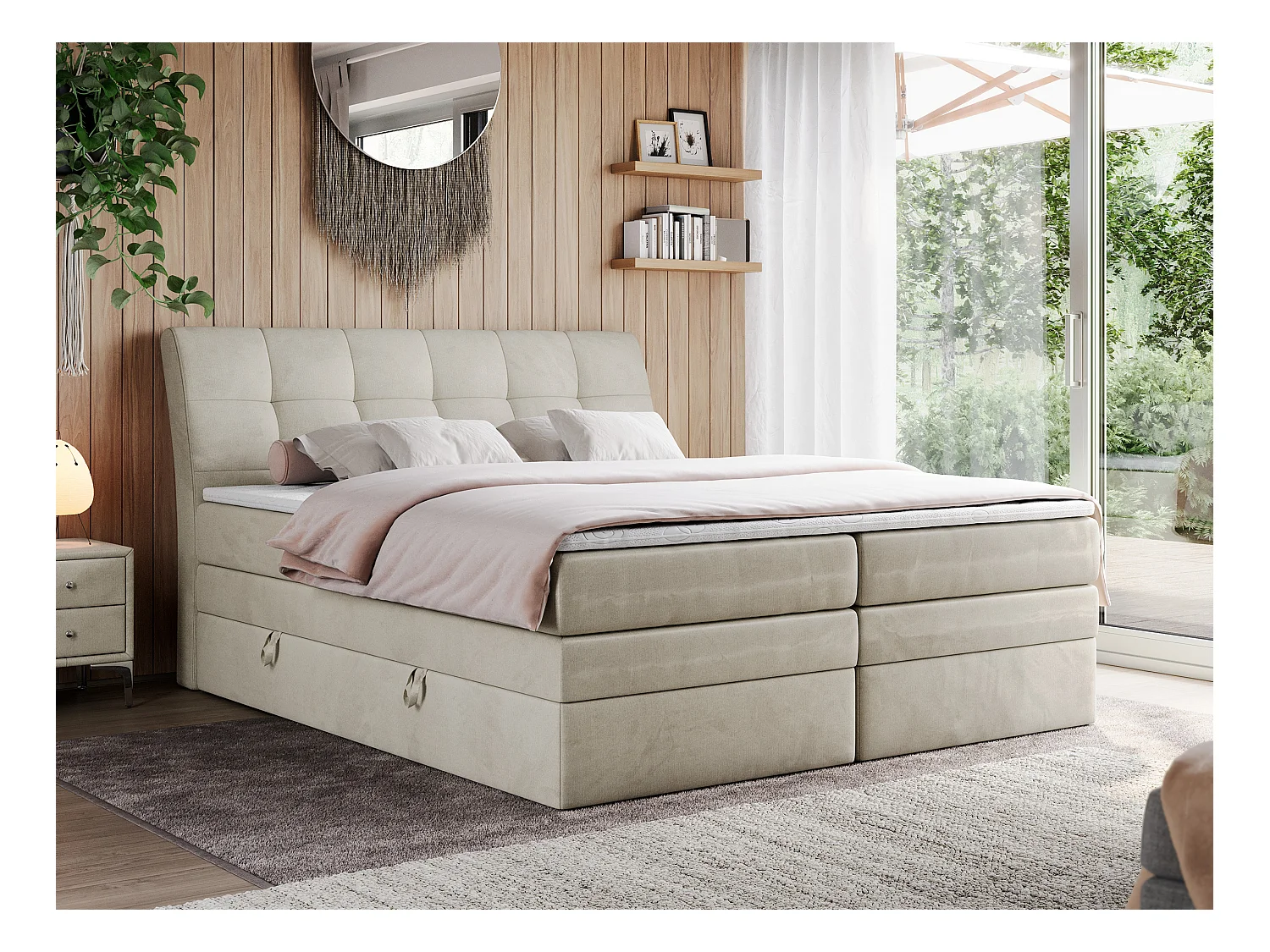 Boxspringbett GOLD 10 KING mit genähtes Kopfteil und Stauraum, zwei Multipocket-Matratze - 160x200 cm - H4 - Beige Velvet