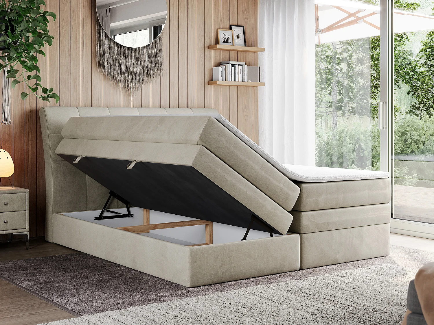 Boxspringbett GOLD 10 KING mit genähtes Kopfteil und Stauraum, zwei Multipocket-Matratze - 160x200 cm - H4 - Beige Velvet