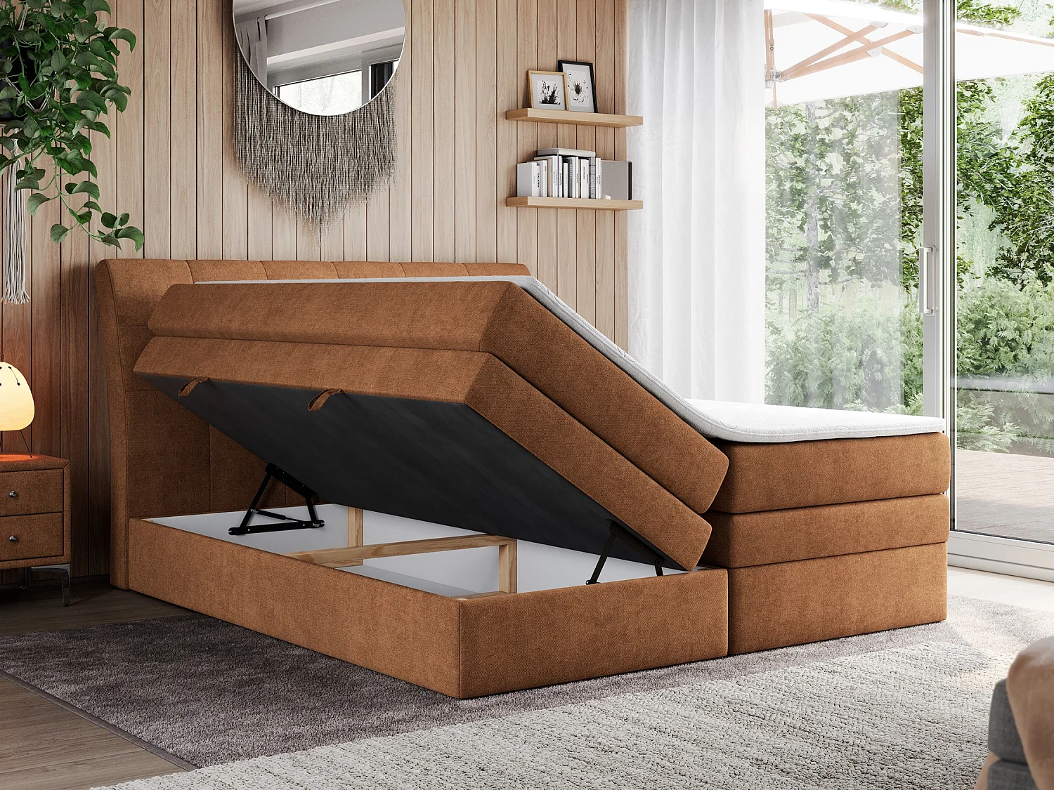 Boxspringbett GOLD 10 KING mit genähtes Kopfteil und Stauraum, zwei Multipocket-Matratze - 160x200 cm - H4 - Orange Strukture