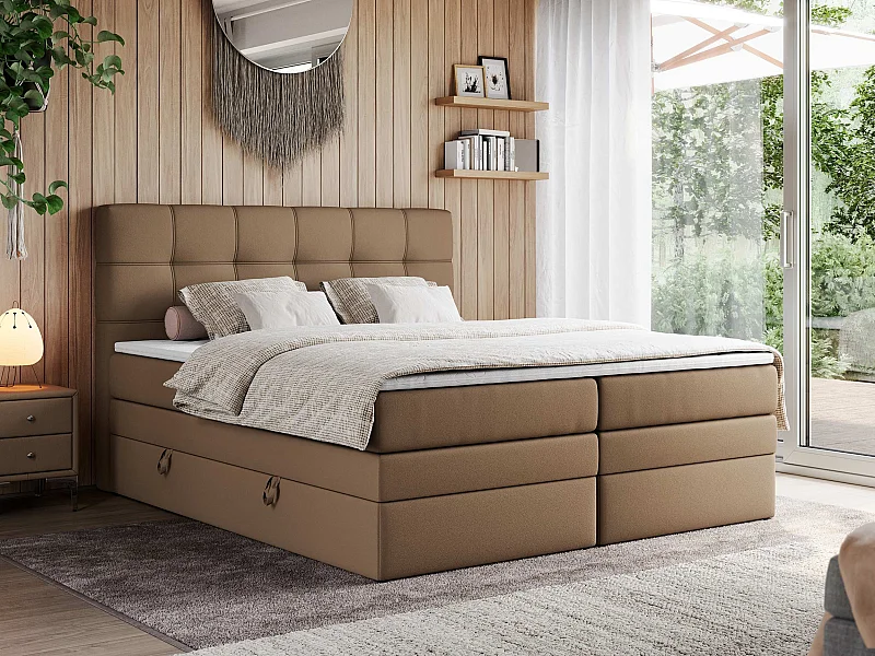 Boxspringbett ERNI KING, gestepptes Kopfteil, zwei Multipocket-Matratze und Topper, mit Stauraum - 180x200 cm - H3 - Braun Kunstleder
