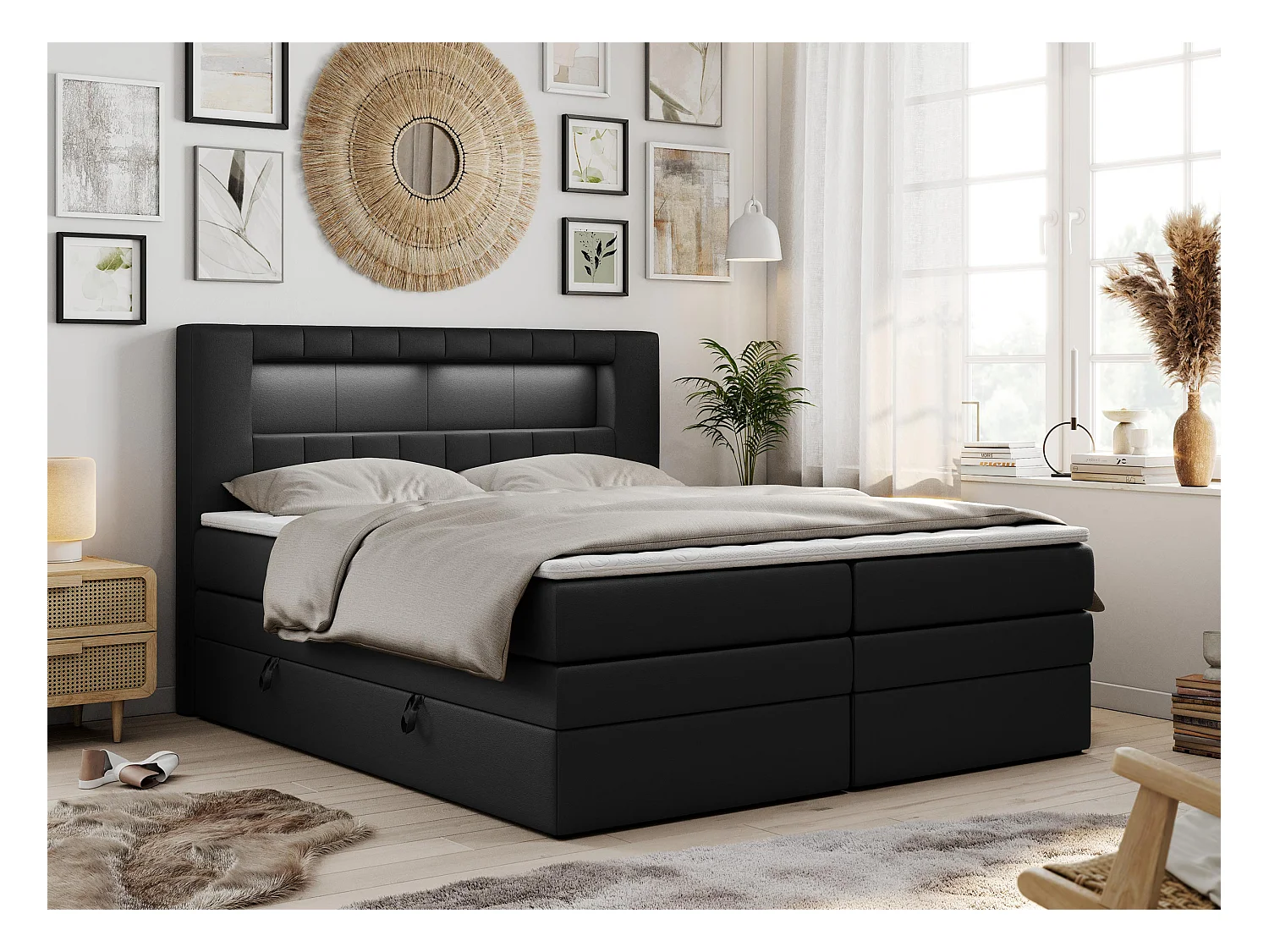 Boxspringbett GOLD 5 KING mit Stauraum, zwei Bettkästen, LED-Beleuchtung, Multipocket-Matratze - 200x200 cm - H3 - Schwarz Kunstleder