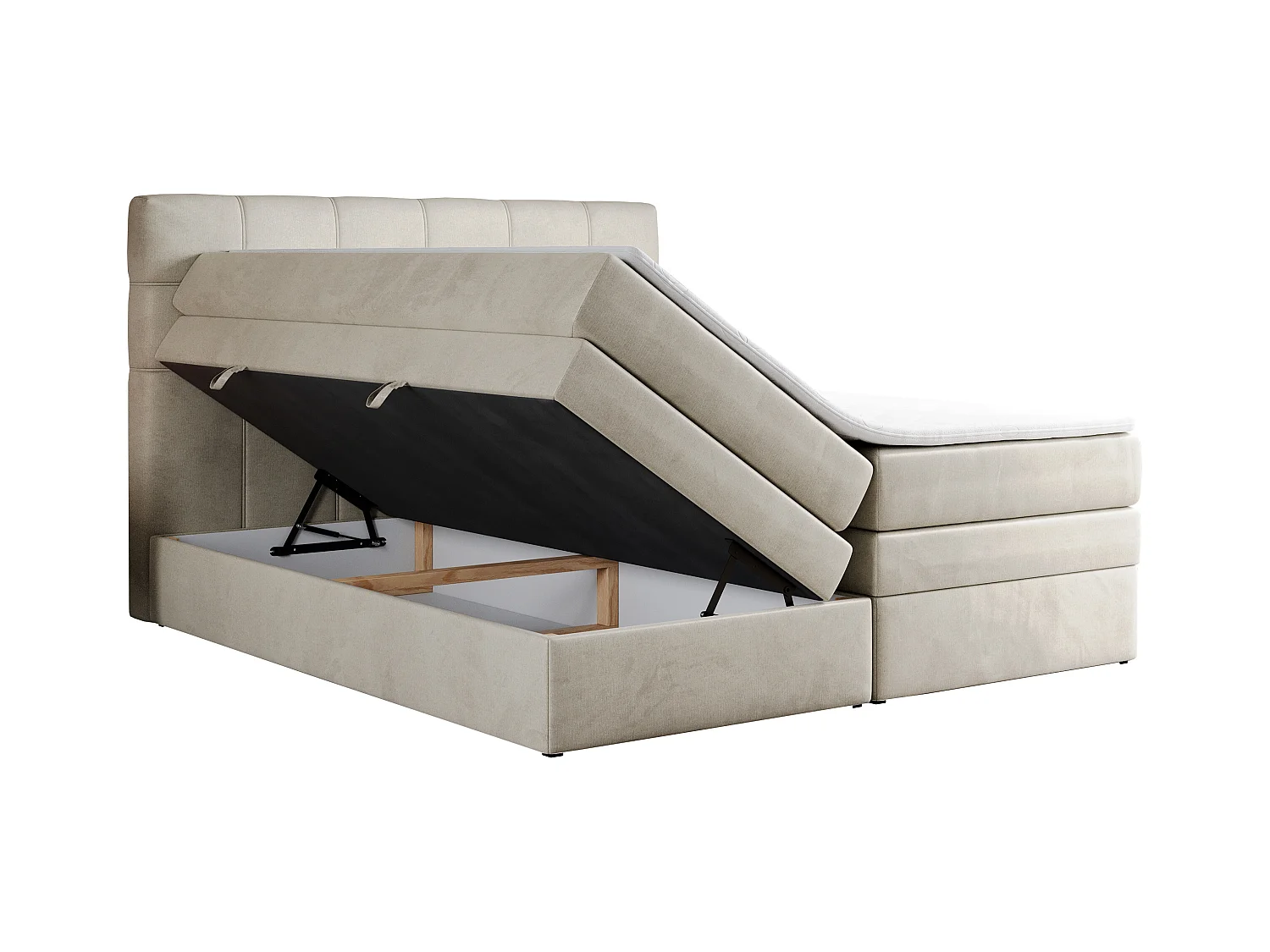 Boxspringbett ERNI KING, gestepptes Kopfteil, zwei Multipocket-Matratze und Topper, mit Stauraum - 180x200 cm - H4 - Beige Velvet