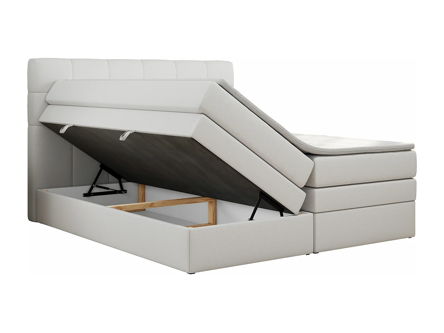 Boxspringbett LUKA KING, mit gestepptem Kopfteil, zwei Bettkästen, Multipocket-Matratze und Topper - 180x200 cm - H4 - Weiß Kunstleder