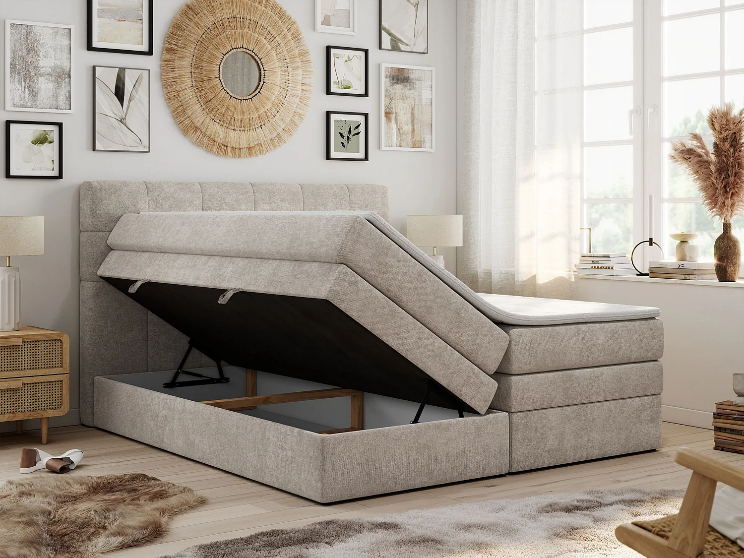 Boxspringbett LUKA KING, mit gestepptem Kopfteil, zwei Bettkästen, Multipocket-Matratze und Topper - 140x200 cm - H4 - Beige Strukture