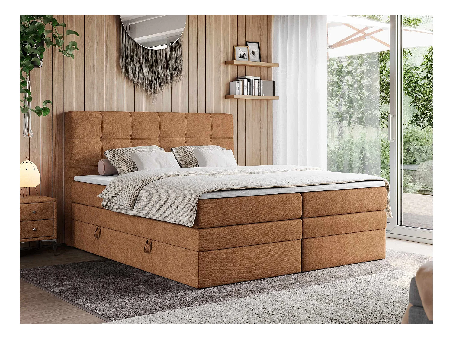Boxspringbett ERNI KING, gestepptes Kopfteil, zwei Multipocket-Matratze und Topper, mit Stauraum - 160x200 cm - H3 - Orange Strukture