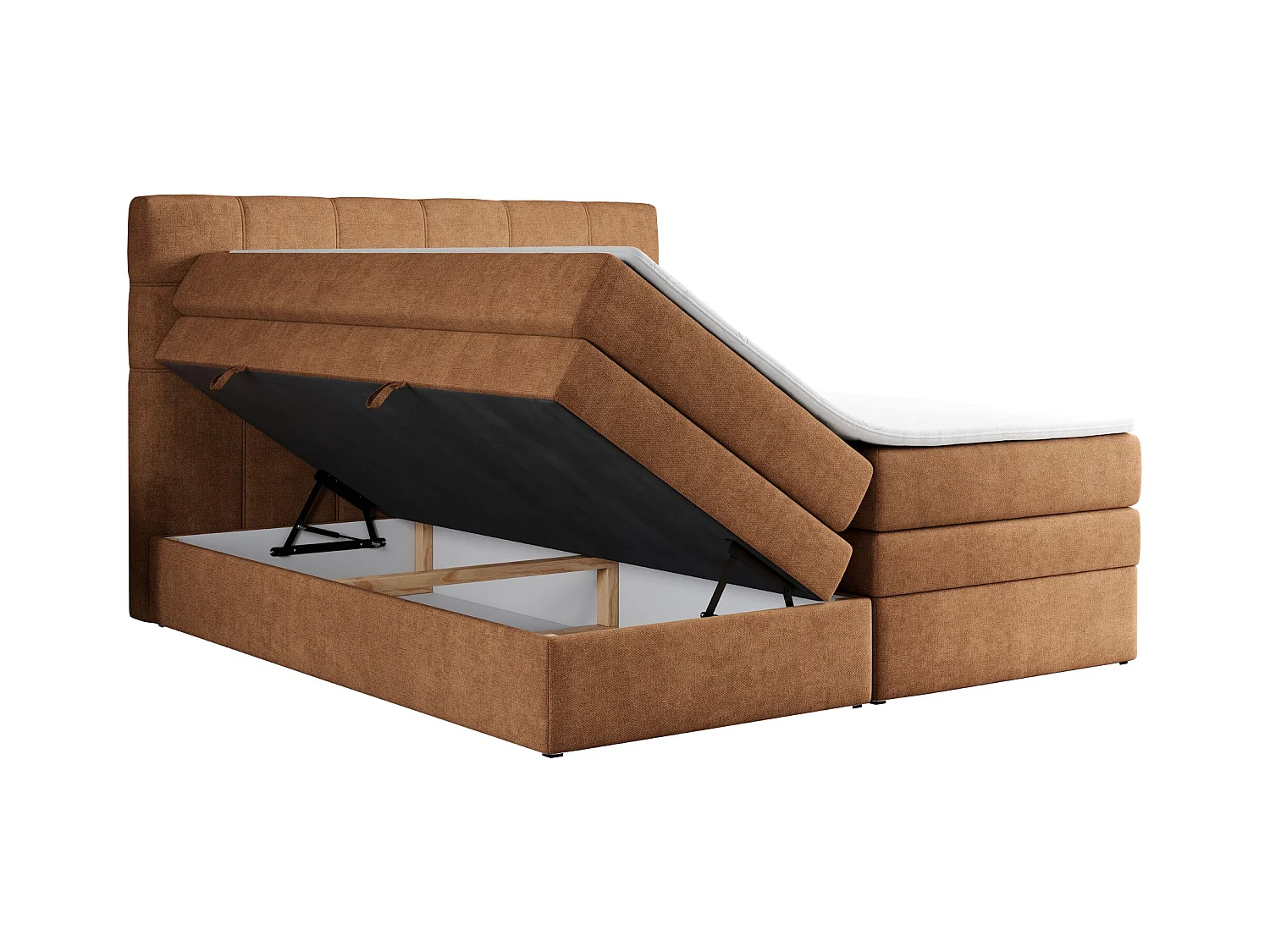 Boxspringbett ERNI KING, gestepptes Kopfteil, zwei Multipocket-Matratze und Topper, mit Stauraum - 160x200 cm - H3 - Orange Strukture