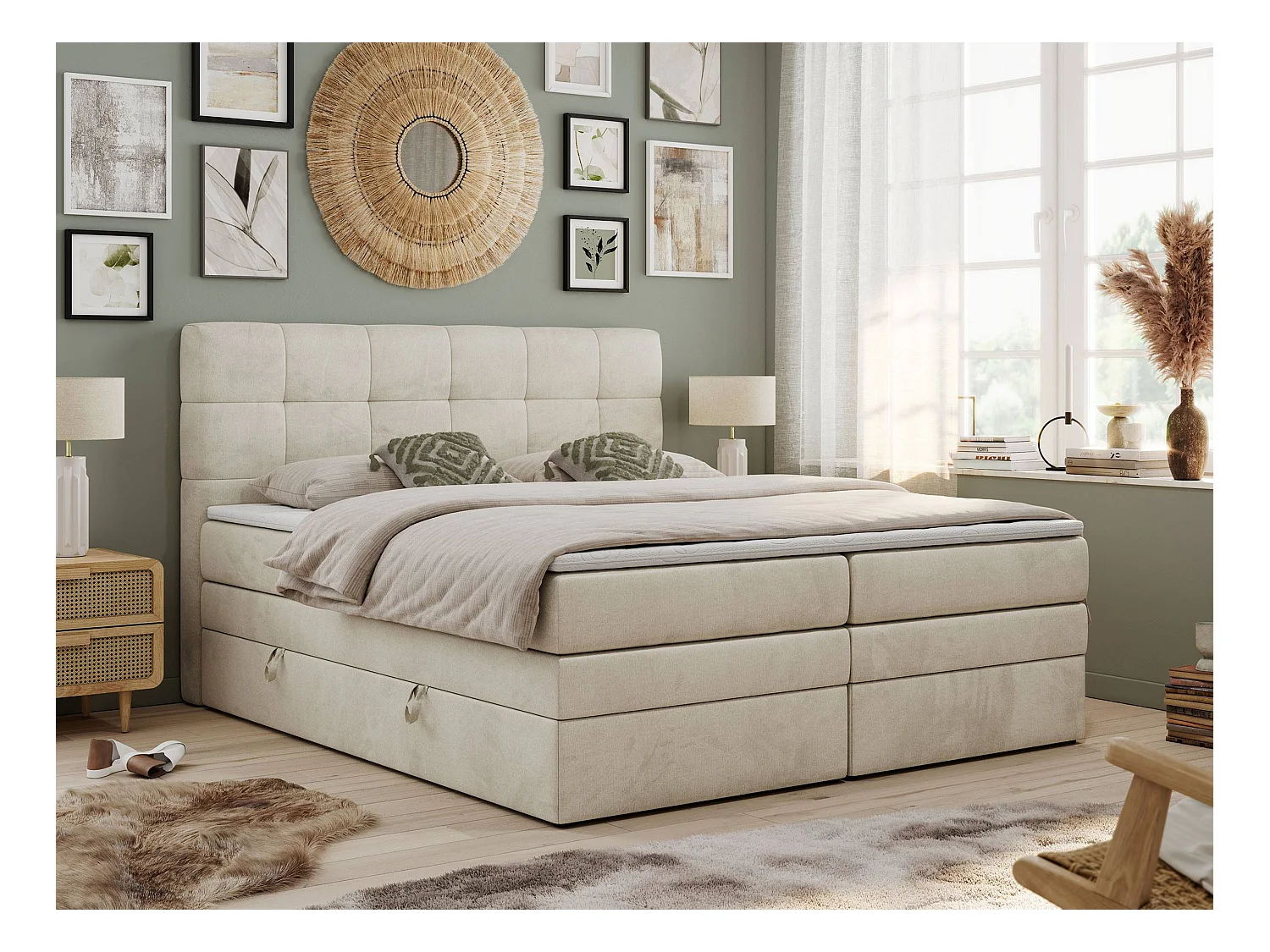 Boxspringbett LUKA KING, mit gestepptem Kopfteil, zwei Bettkästen, Multipocket-Matratze und Topper - 180x200 cm - H3 - Beige Velvet