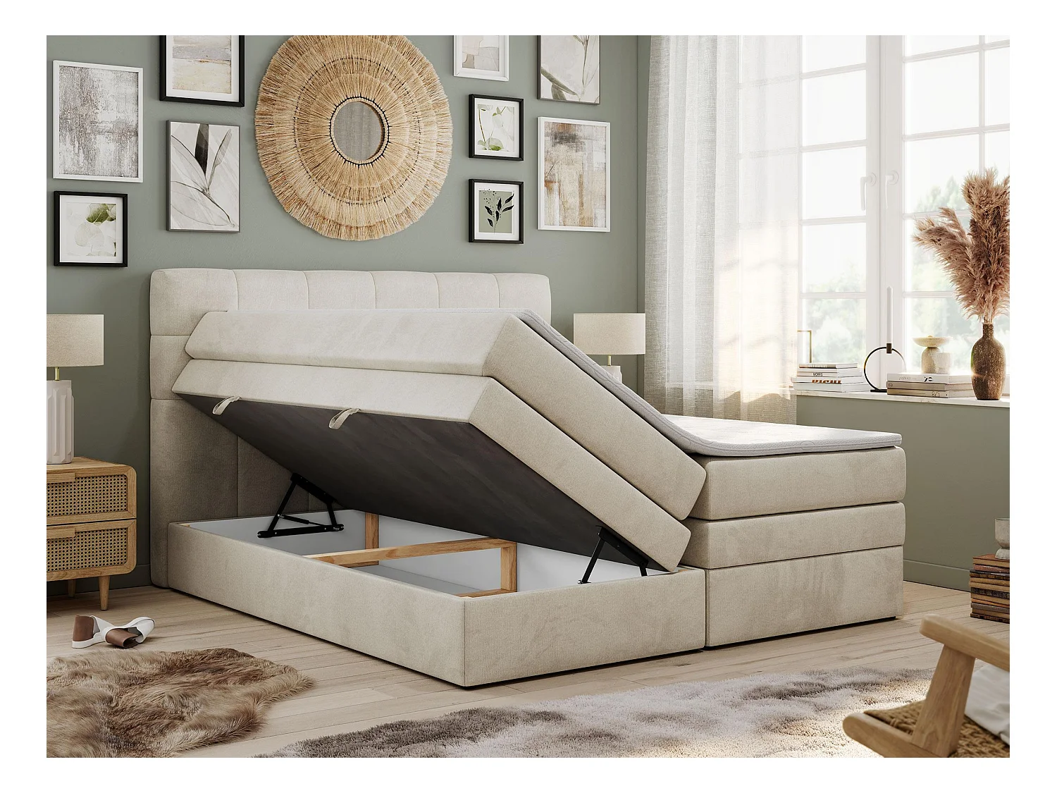 Boxspringbett LUKA KING, mit gestepptem Kopfteil, zwei Bettkästen, Multipocket-Matratze und Topper - 180x200 cm - H3 - Beige Velvet