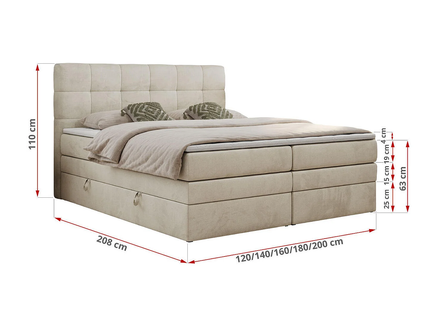 Boxspringbett LUKA KING, mit gestepptem Kopfteil, zwei Bettkästen, Multipocket-Matratze und Topper - 180x200 cm - H3 - Beige Velvet