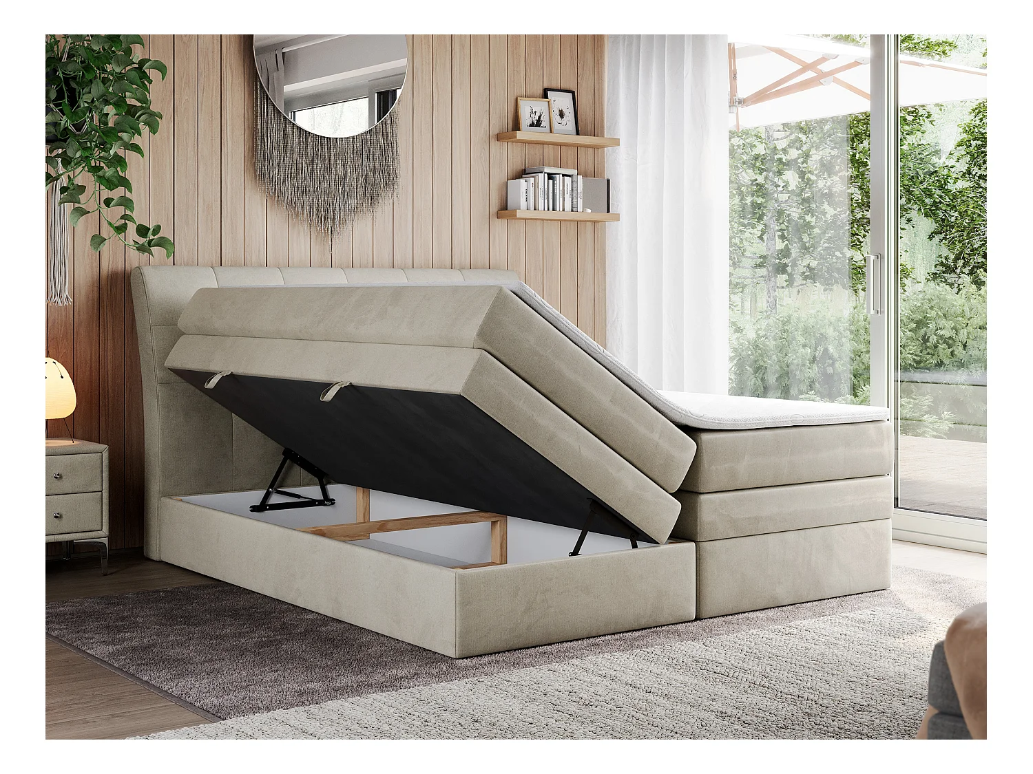 Boxspringbett GOLD 10 KING mit genähtes Kopfteil und Stauraum, zwei Multipocket-Matratze - 180x200 cm - H3 - Beige Velvet