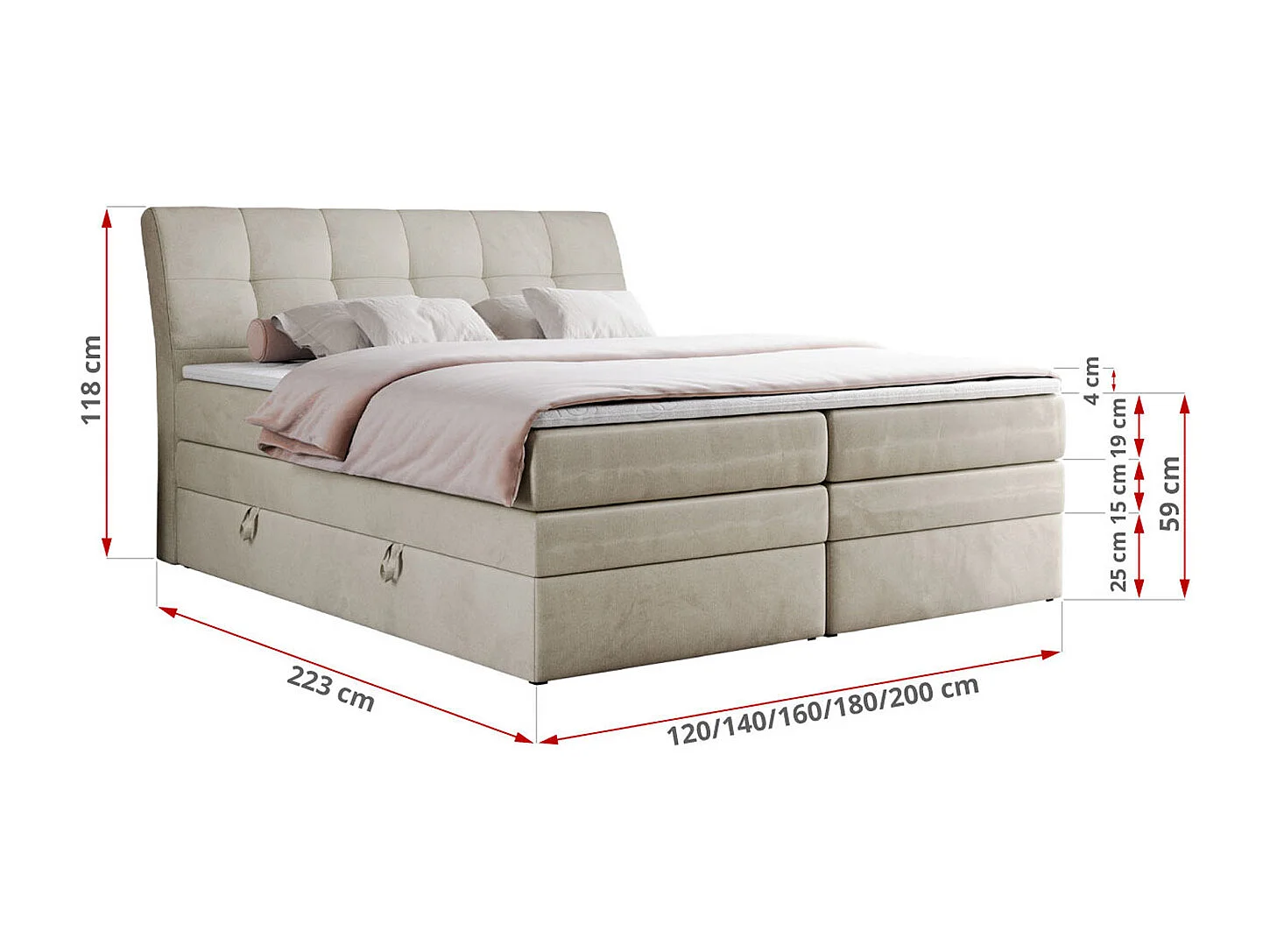 Boxspringbett GOLD 10 KING mit genähtes Kopfteil und Stauraum, zwei Multipocket-Matratze - 180x200 cm - H3 - Beige Velvet