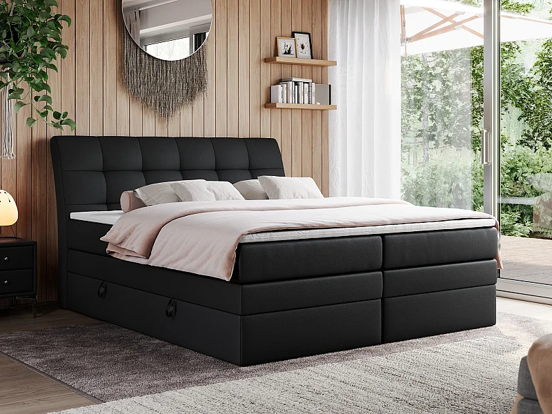Boxspringbett GOLD 10 KING mit genähtes Kopfteil und Stauraum, zwei Multipocket-Matratze - 180x200 cm - H4 - Schwarz Kunstleder