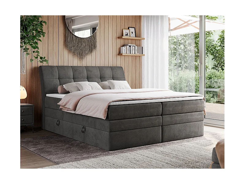 Boxspringbett GOLD 10 KING mit genähtes Kopfteil und Stauraum, zwei Multipocket-Matratze - 160x200 cm - H3 - Dunkelgrau Velvet