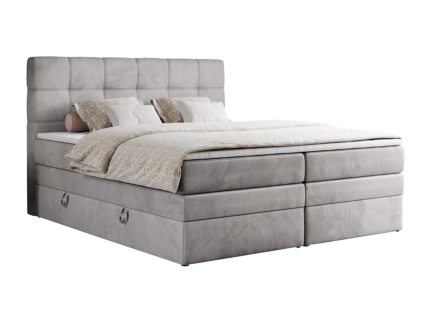 Boxspringbett ERNI KING, gestepptes Kopfteil, zwei Multipocket-Matratze und Topper, mit Stauraum - 140x200 cm - H3 - Hellgrau Velvet