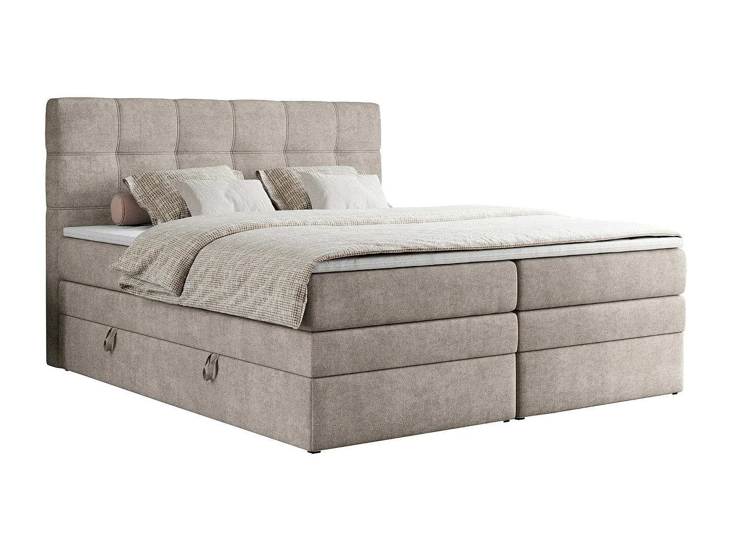 Boxspringbett ERNI KING, gestepptes Kopfteil, zwei Multipocket-Matratze und Topper, mit Stauraum - 140x200 cm - H4 - Beige Strukture
