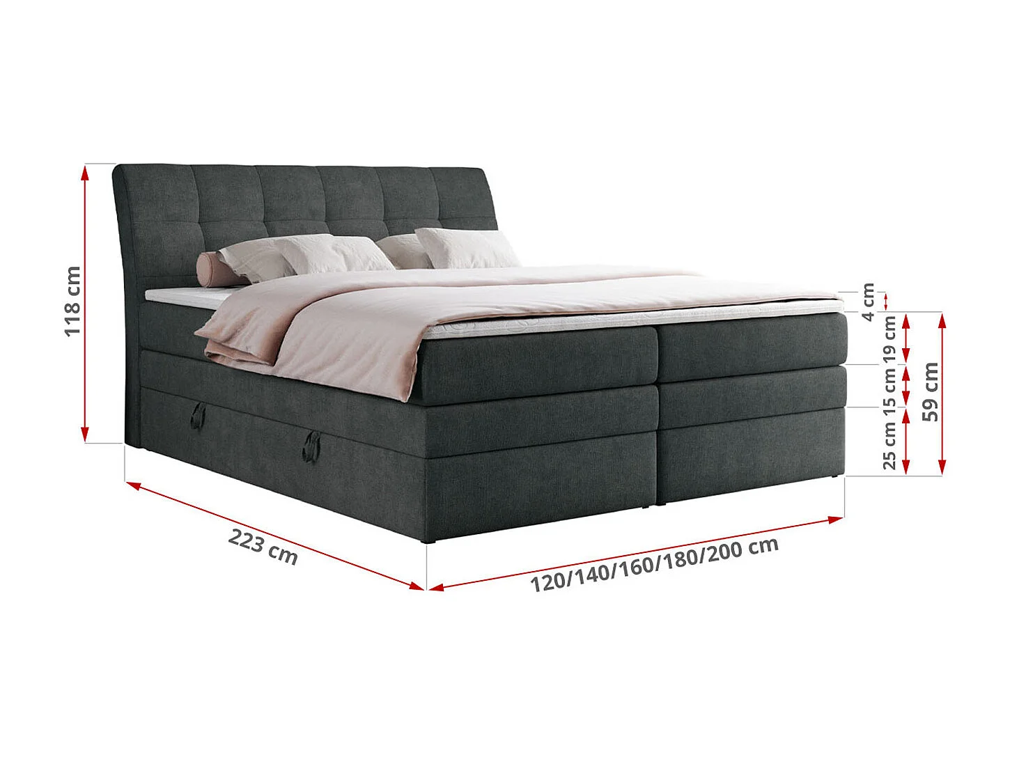 Boxspringbett GOLD 10 KING mit genähtes Kopfteil und Stauraum, zwei Multipocket-Matratze - 200x200 cm - H4 - Dunkelgrau Strukture