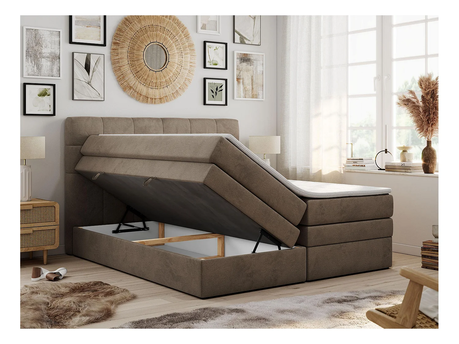 Boxspringbett LUKA KING, mit gestepptem Kopfteil, zwei Bettkästen, Multipocket-Matratze und Topper - 120x200 cm - H3 - Braun Velvet