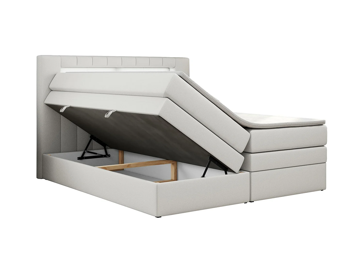 Boxspringbett GOLD 5 KING mit Stauraum, zwei Bettkästen, LED-Beleuchtung, Multipocket-Matratze - 180x200 cm - H3 - Weiß Kunstleder