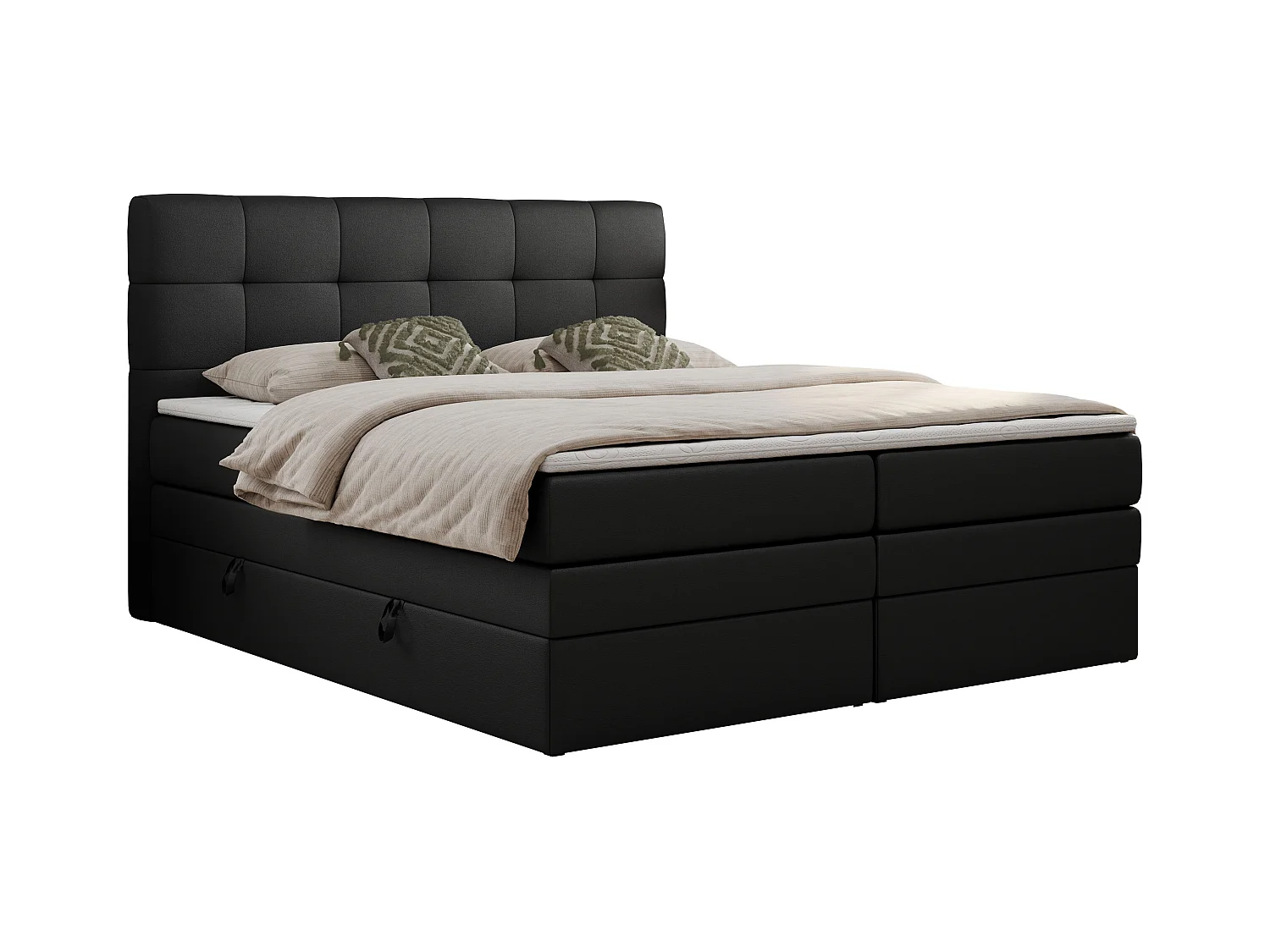 Boxspringbett LUKA KING, mit gestepptem Kopfteil, zwei Bettkästen, Multipocket-Matratze und Topper - 160x200 cm - H3 - Schwarz Kunstleder