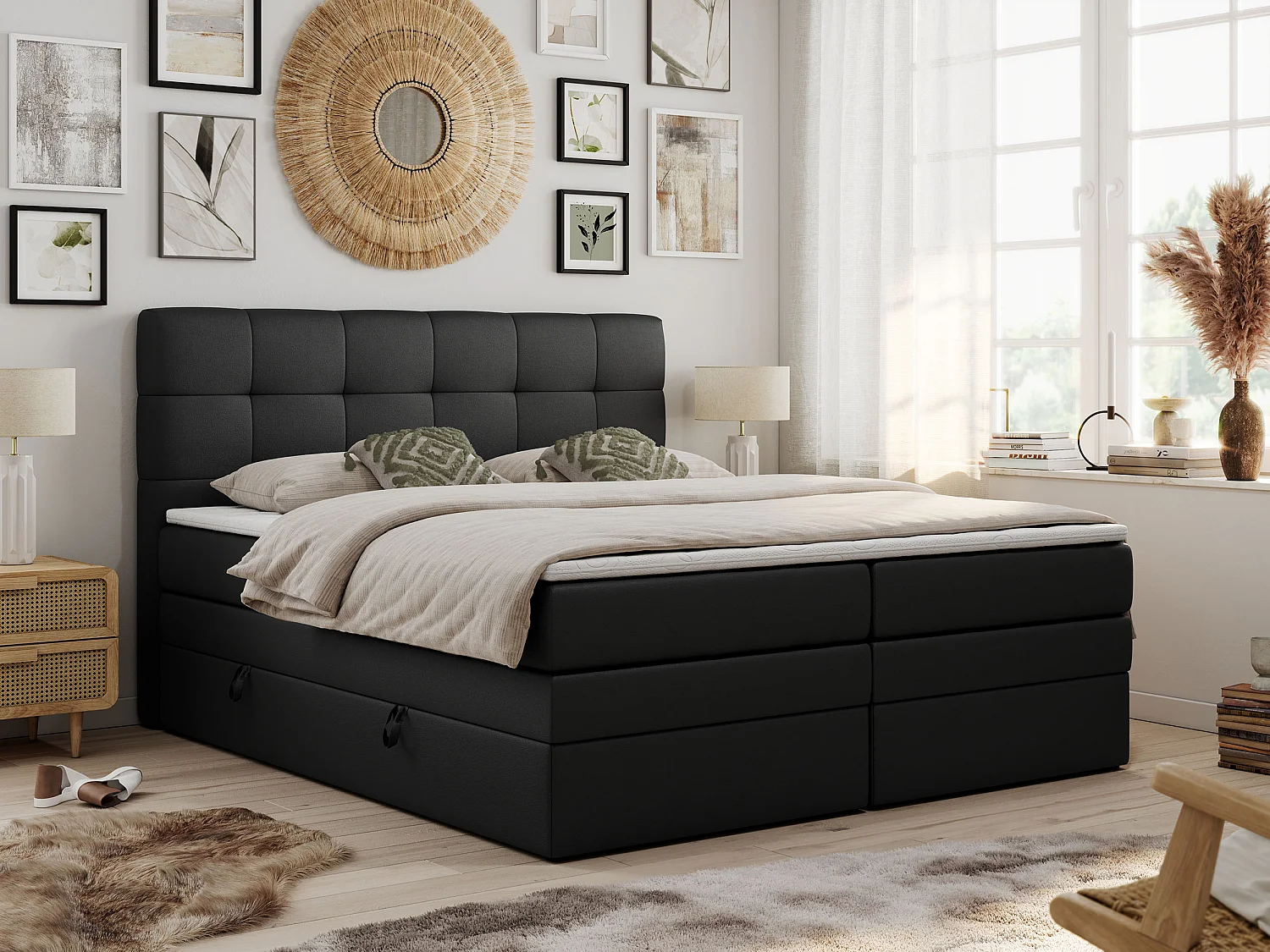 Boxspringbett LUKA KING, mit gestepptem Kopfteil, zwei Bettkästen, Multipocket-Matratze und Topper - 160x200 cm - H3 - Schwarz Kunstleder