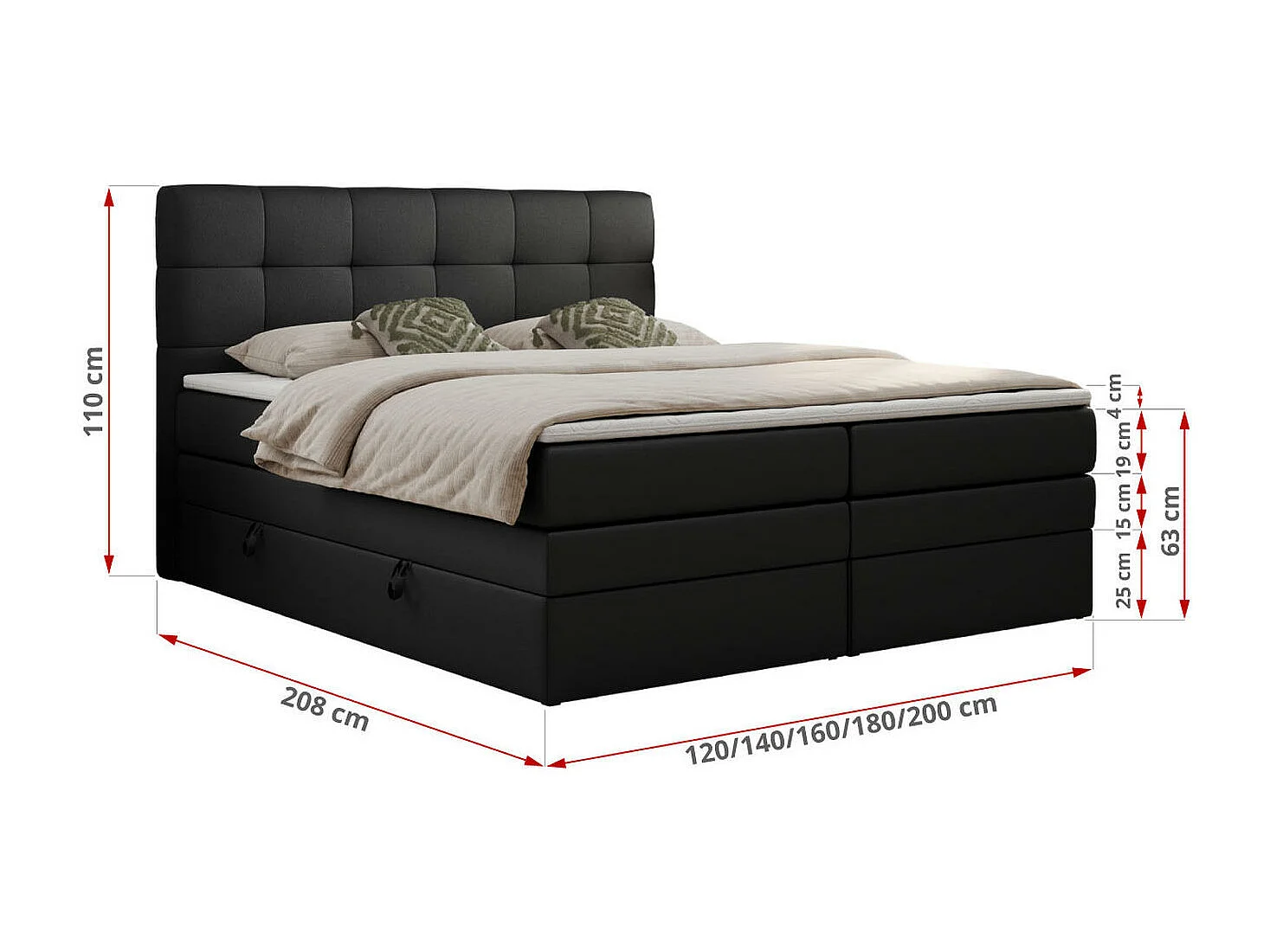 Boxspringbett LUKA KING, mit gestepptem Kopfteil, zwei Bettkästen, Multipocket-Matratze und Topper - 160x200 cm - H3 - Schwarz Kunstleder