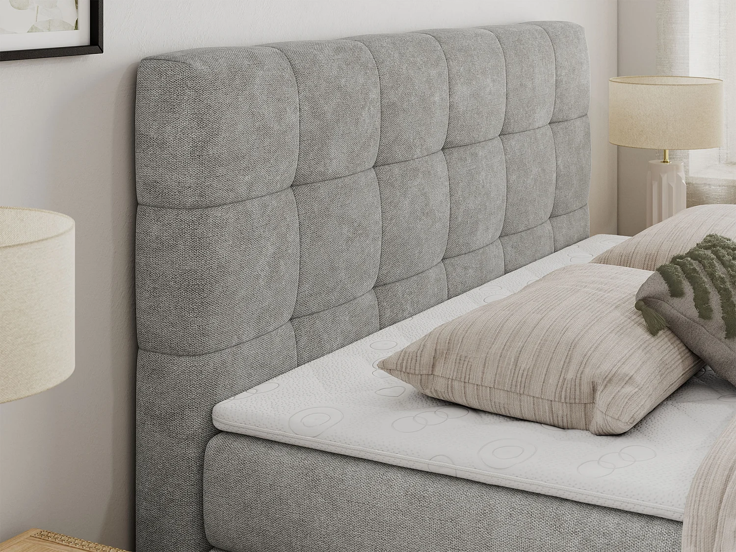 Boxspringbett LUKA KING, mit gestepptem Kopfteil, zwei Bettkästen, Multipocket-Matratze und Topper - 200x200 cm - H4 - Hellgrau Strukture