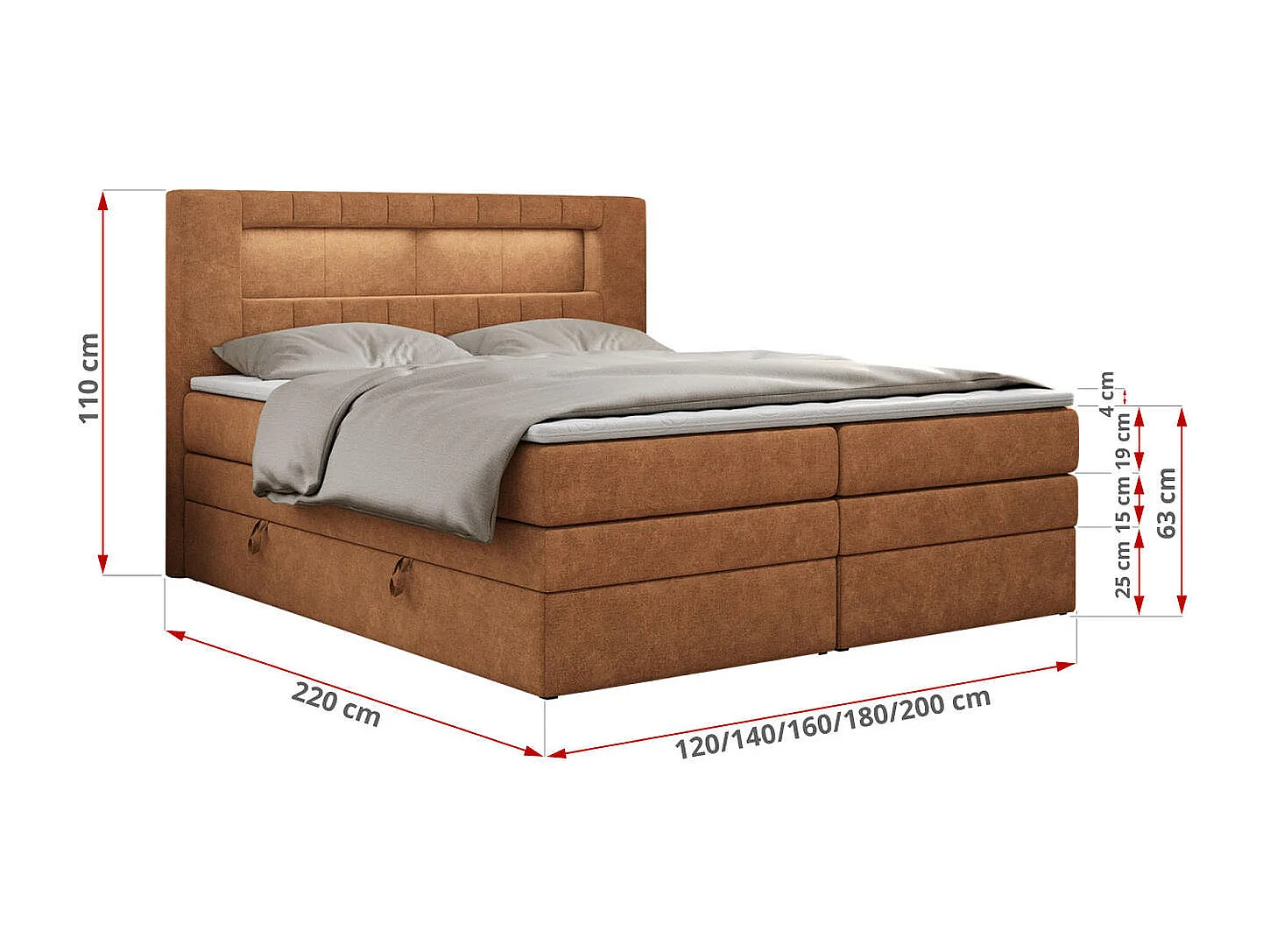 Boxspringbett GOLD 5 KING mit Stauraum, zwei Bettkästen, LED-Beleuchtung, Multipocket-Matratze - 160x200 cm - H3 - Orange Strukture