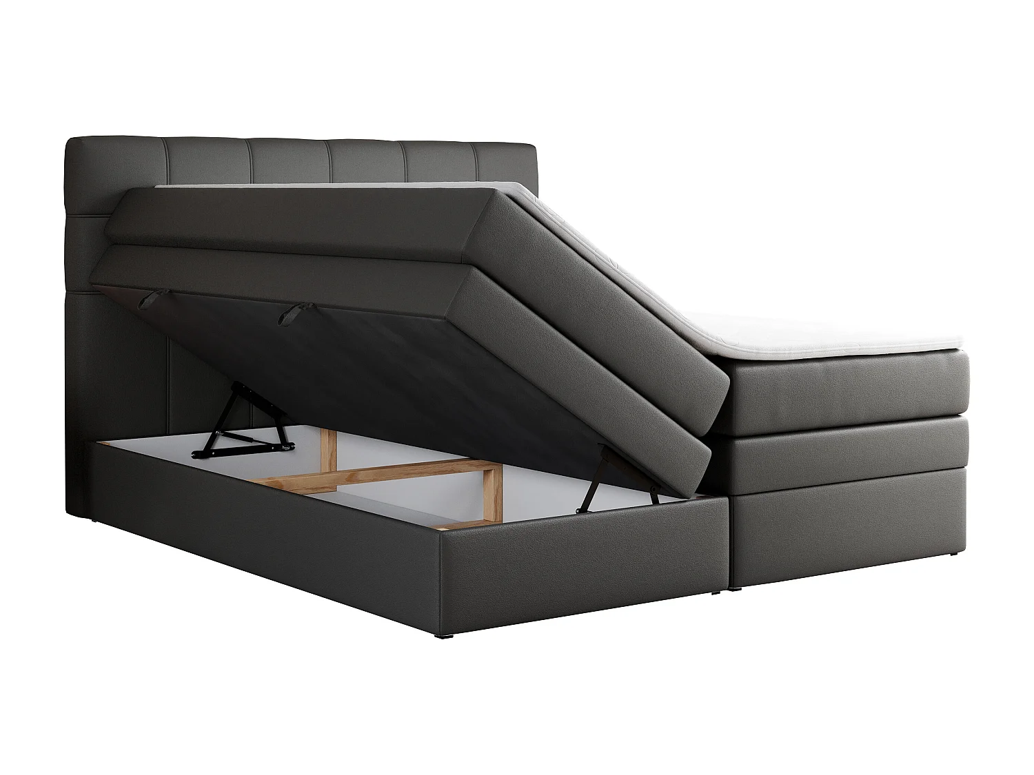 Boxspringbett ERNI KING, gestepptes Kopfteil, zwei Multipocket-Matratze und Topper, mit Stauraum - 120x200 cm - H4 - Dunkelgrau Kunstleder