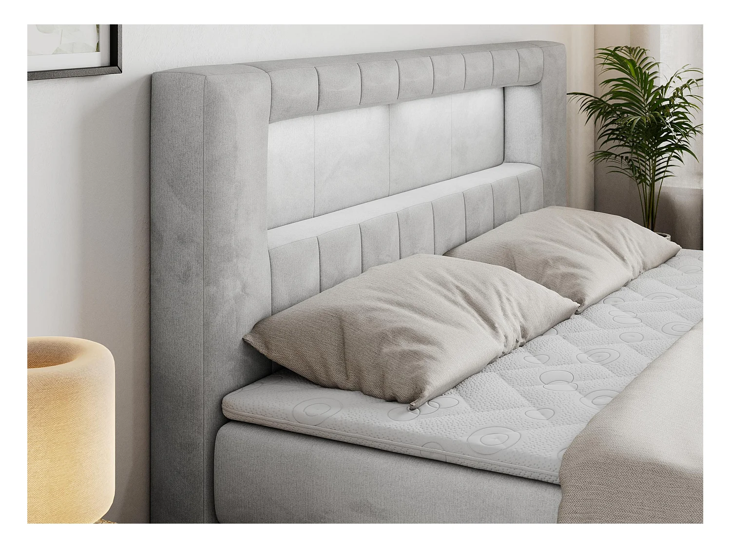 Boxspringbett GOLD 5 KING mit Stauraum, zwei Bettkästen, LED-Beleuchtung, Multipocket-Matratze - 200x200 cm - H3 - Hellgrau Velvet
