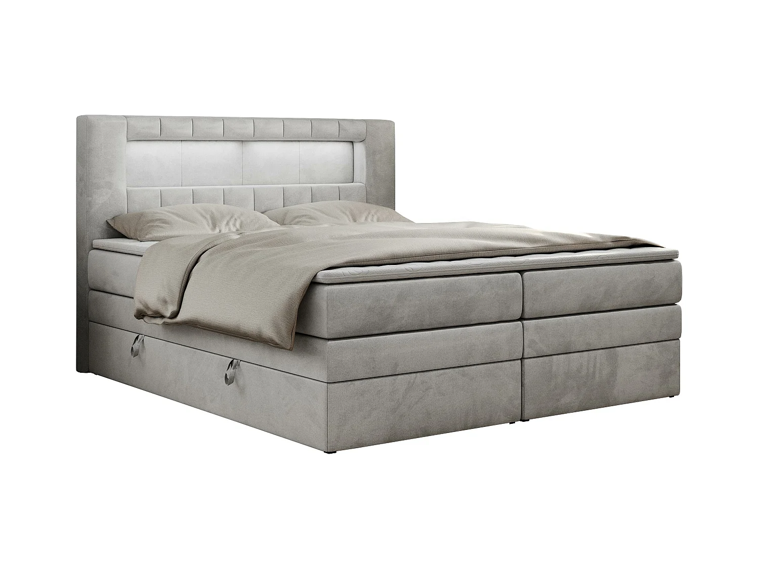Boxspringbett GOLD 5 KING mit Stauraum, zwei Bettkästen, LED-Beleuchtung, Multipocket-Matratze - 200x200 cm - H3 - Hellgrau Velvet