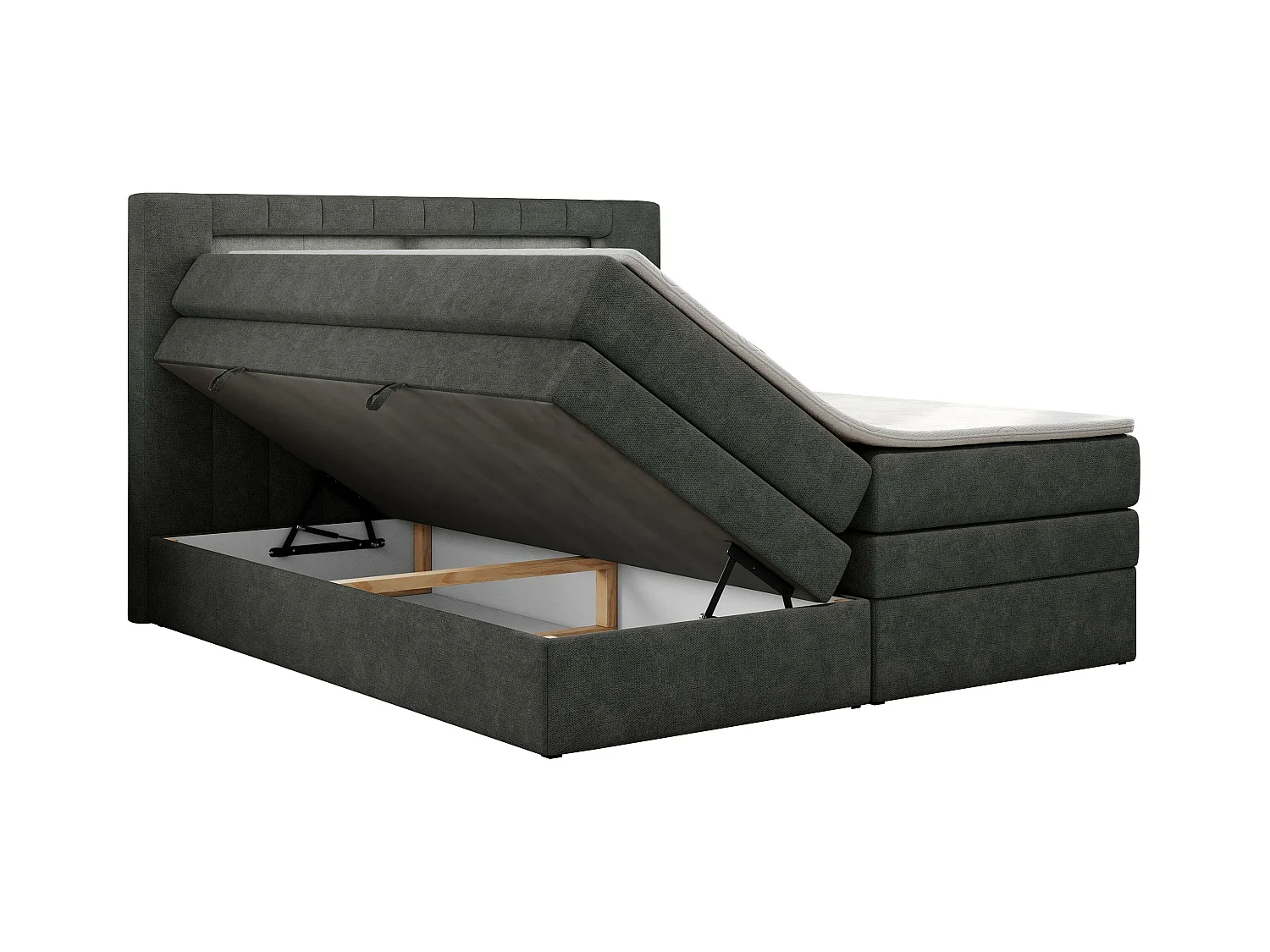 Boxspringbett GOLD 5 KING mit Stauraum, zwei Bettkästen, LED-Beleuchtung, Multipocket-Matratze - 200x200 cm - H3 - Dunkelgrau Strukture