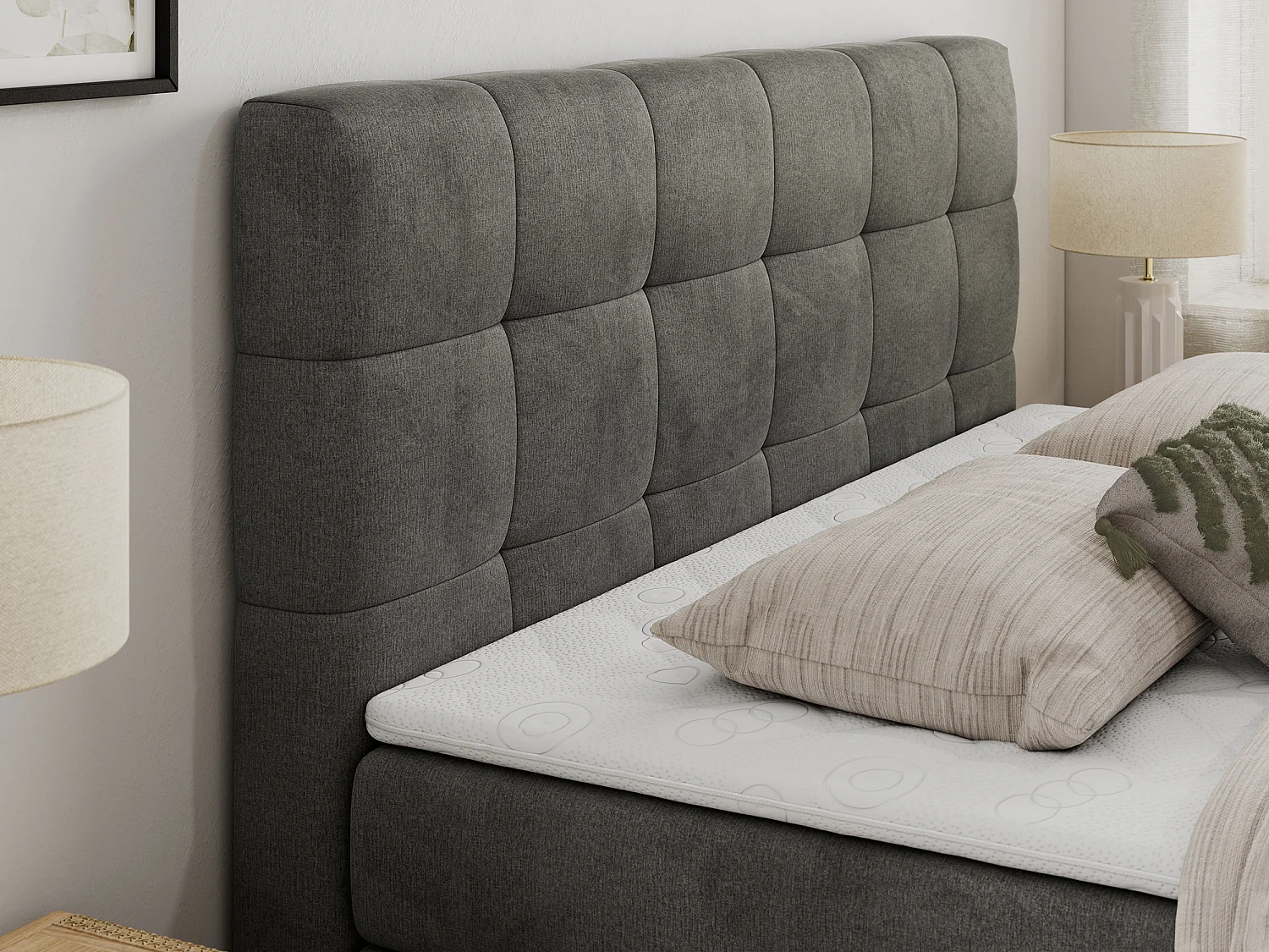 Boxspringbett LUKA KING, mit gestepptem Kopfteil, zwei Bettkästen, Multipocket-Matratze und Topper - 160x200 cm - H4 - Dunkelgrau Velvet