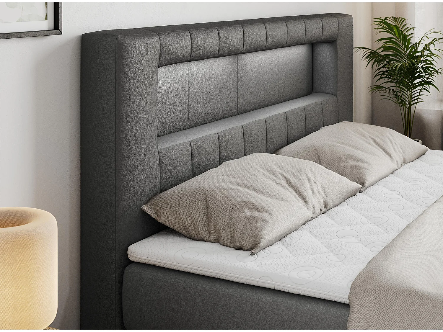 Boxspringbett GOLD 5 KING mit Stauraum, zwei Bettkästen, LED-Beleuchtung, Multipocket-Matratze - 180x200 cm - H4 - Dunkelgrau Kunstleder