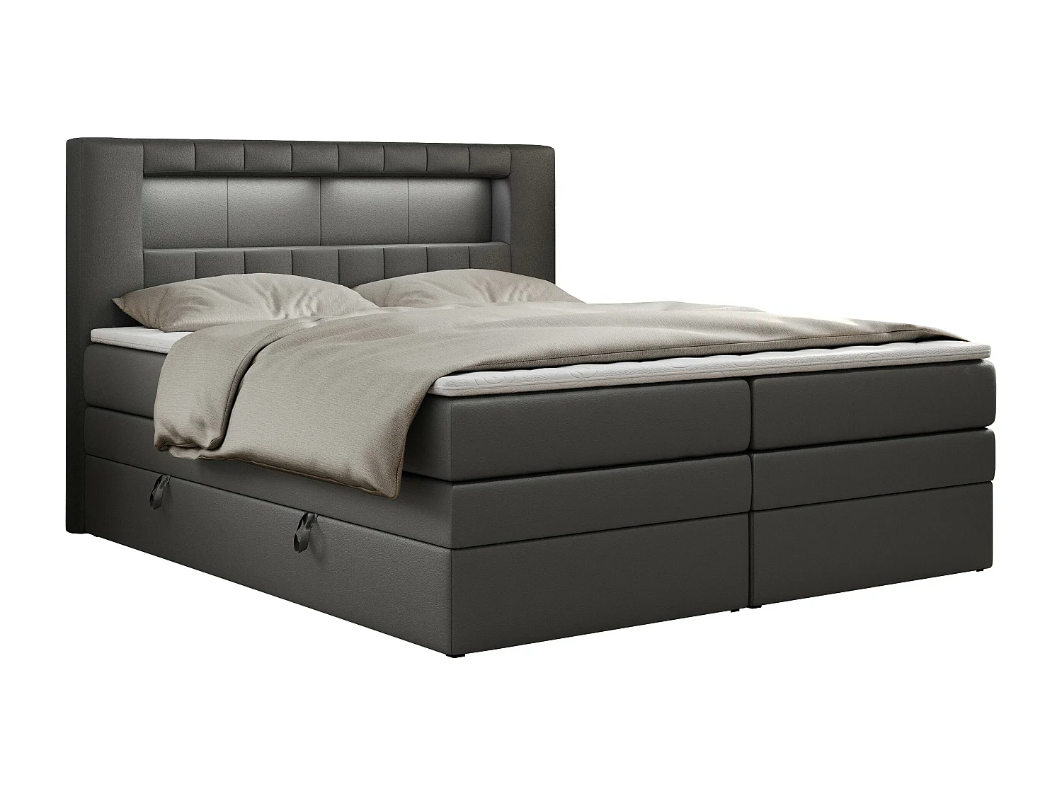 Boxspringbett GOLD 5 KING mit Stauraum, zwei Bettkästen, LED-Beleuchtung, Multipocket-Matratze - 180x200 cm - H4 - Dunkelgrau Kunstleder