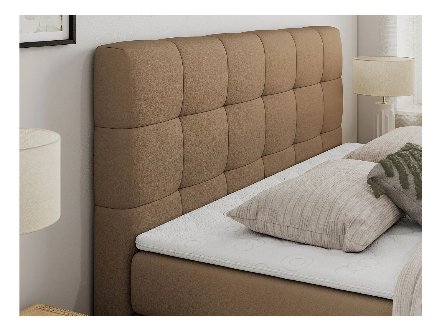 Boxspringbett LUKA KING, mit gestepptem Kopfteil, zwei Bettkästen, Multipocket-Matratze und Topper - 200x200 cm - H3 - Braun Kunstleder